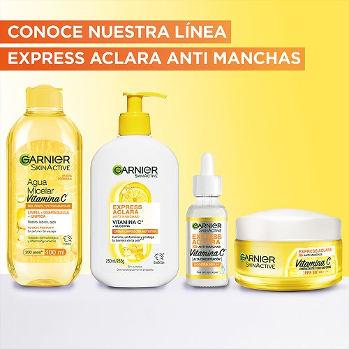 Línea Garnier Express Aclara con vitamina C: agua micelar, limpiadora, sérum y crema hidratante.